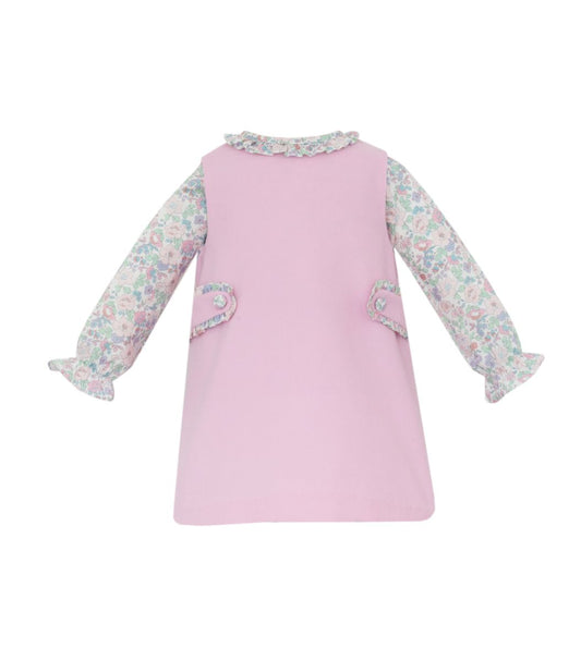 Petit Bebe Girls Pink Corduroy Jumper Dress With Floral Blouse by Petit Bebe