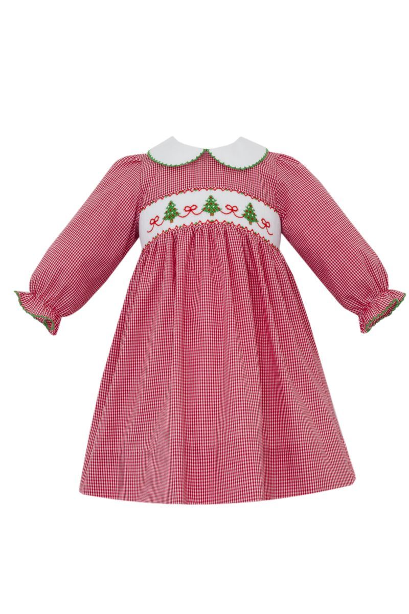 Petit Bebe Girls Red Gingham Smocked Christmas Tree Long Sleeve Dress with White Collar by Petit Bebe