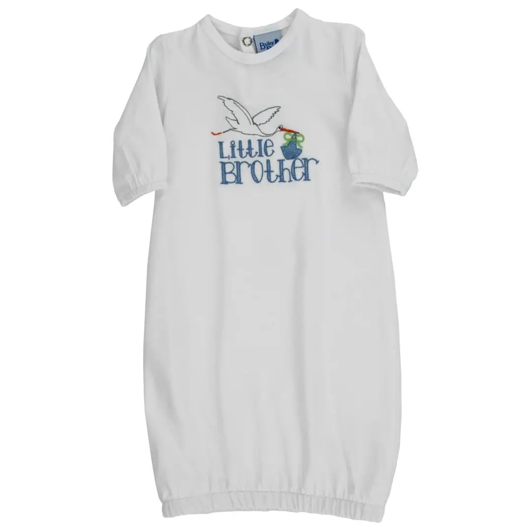 Bailey Boys White Newborn Gown - Blue Little Brother Stork
