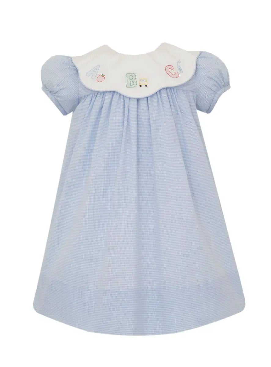 Anavini Girls Blue Gingham Float Dress - Embroidered School ABC on Scallop Collar
