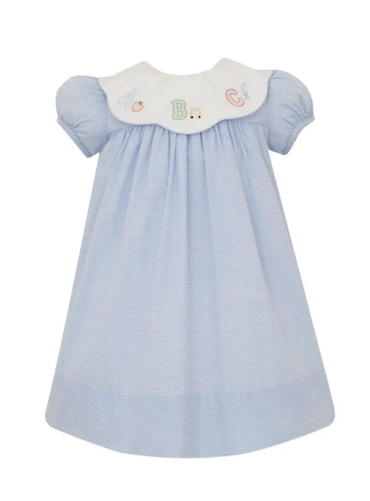 Anavini Girls Blue Gingham Float Dress - Embroidered School ABC on Scallop Collar