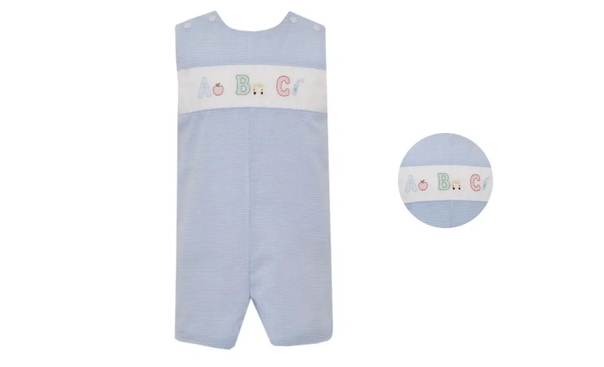 Anavini Boys Blue Gingham Jon Jon - Embroidered School ABC