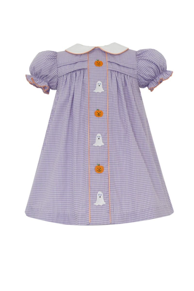 Anavini Girls Purple Gingham Halloween Embroidery Float Dress - White Collar