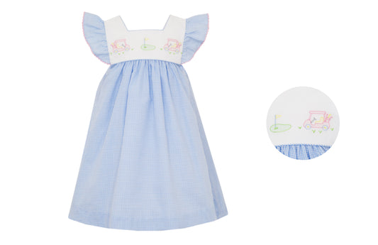 Anavini Girls Blue Check Dress - Flutter Sleeves - Embroidery Golf Theme