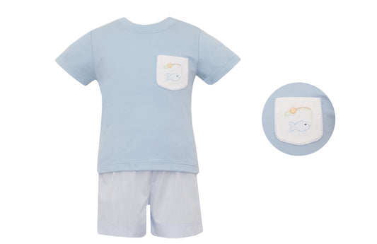 Anavini Toddler Boys Blue Striped Shorts with Fishing Pocket Tee Shirt