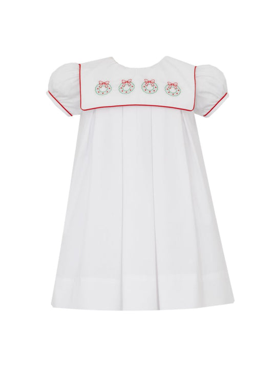 Anavini Girls White Holiday Wreaths Pleated Dress - White Square Collar by Anavini