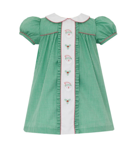 Anavini Girls Green Gingham Santa Face Float Dress Trimmed in Red by Anavini