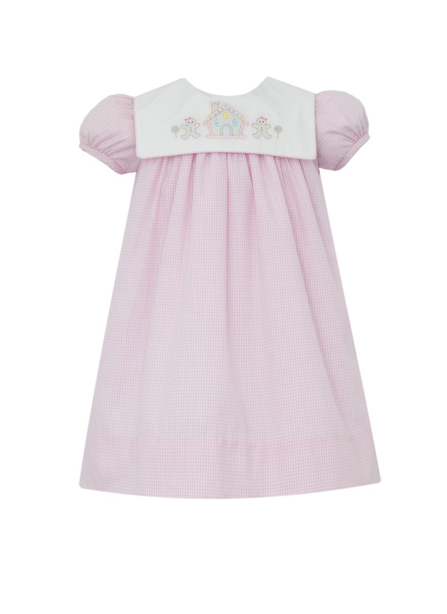 Anavini Girls Pink Gingham Gingerbread House Float Dress with White Square Collar by Anavini