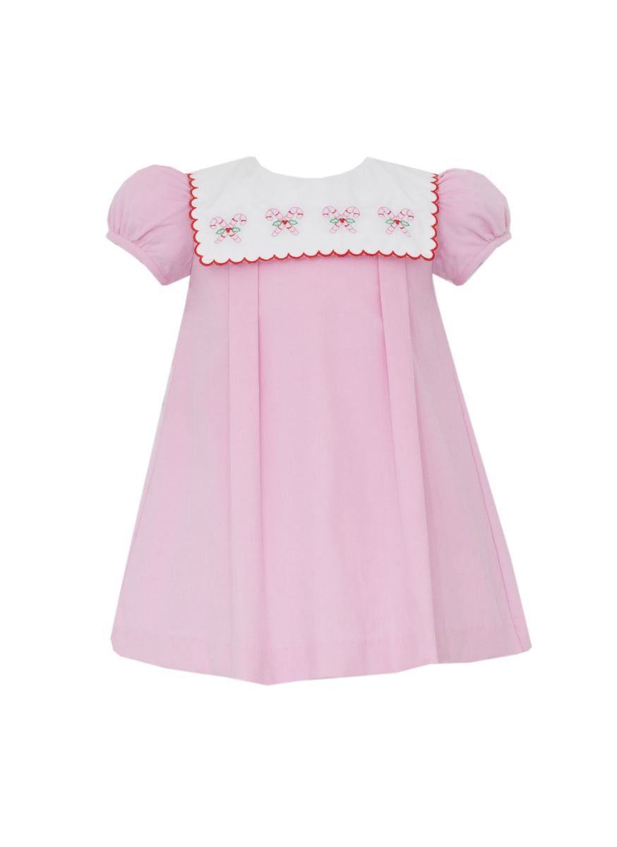 Anavini Girls Pink Candy Canes Corduroy Float Dress with White Square Scalloped Collar by Anavini