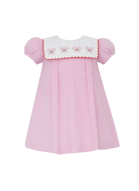 Anavini Girls Pink Candy Canes Corduroy Float Dress with White Square Scalloped Collar by Anavini