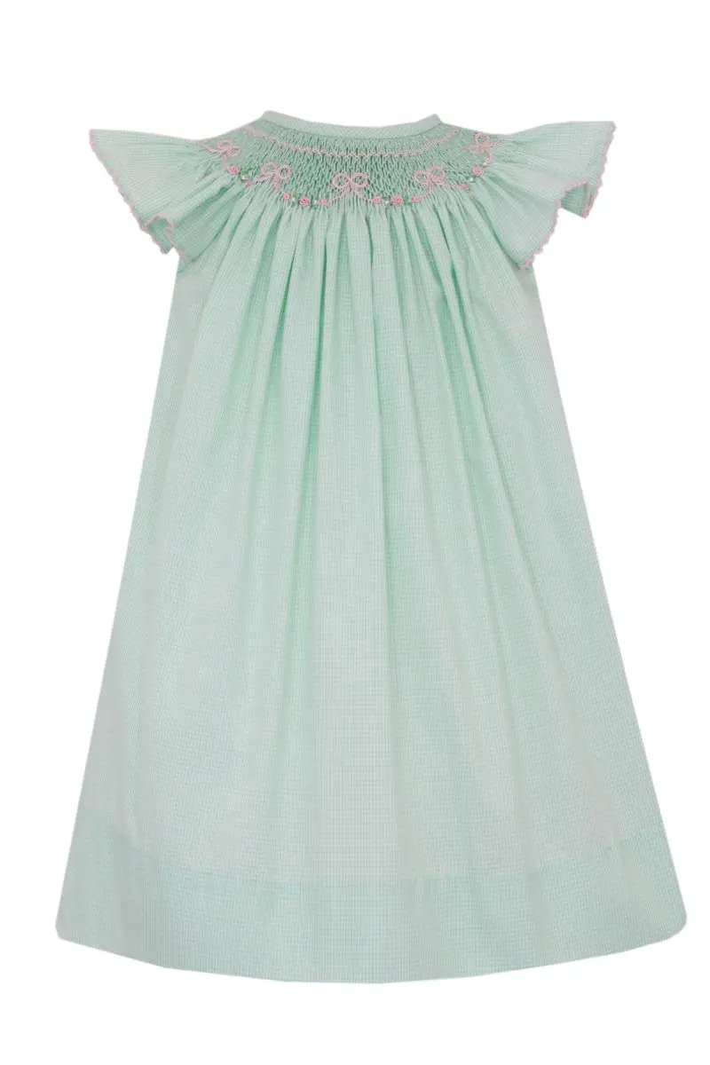 Anavini Girls Green Gingham Angel Wing Bishop Dress - Smocked in Pink
