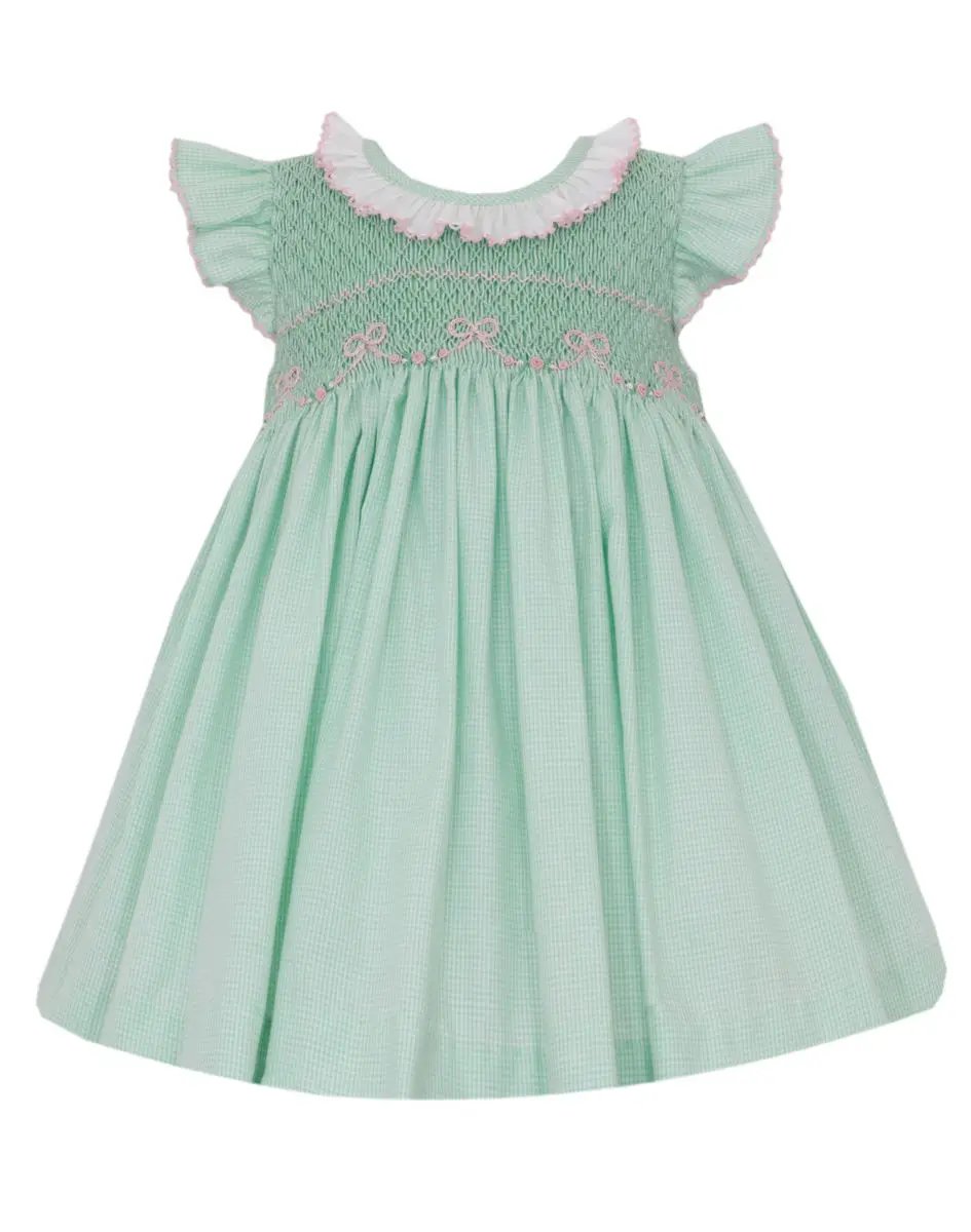 Anavini Girls Green Gingham Dress - Smocked Bodice in Pink Bows by Anavini