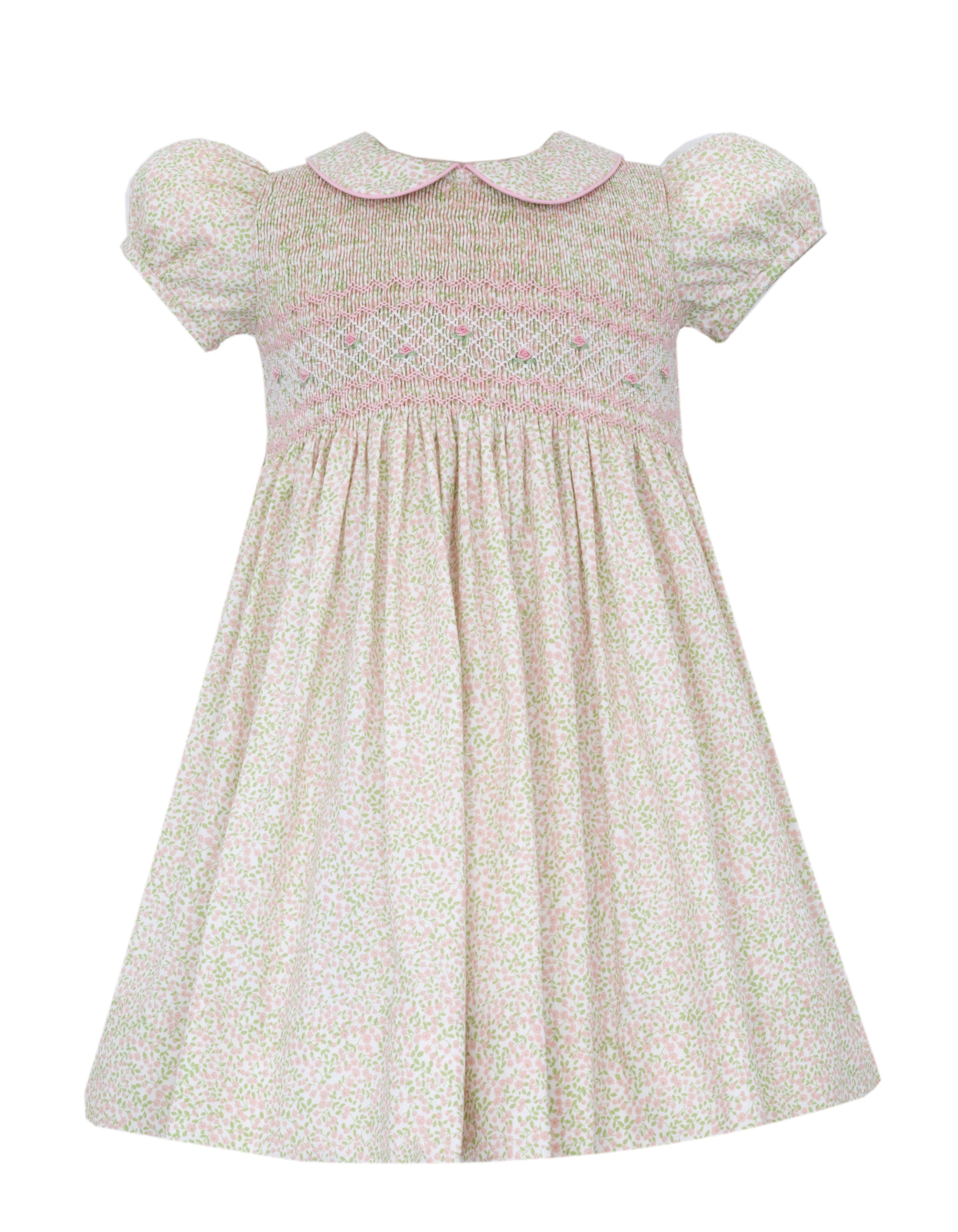 Anavini Girls Pink Floral Smocked Dress with Collar