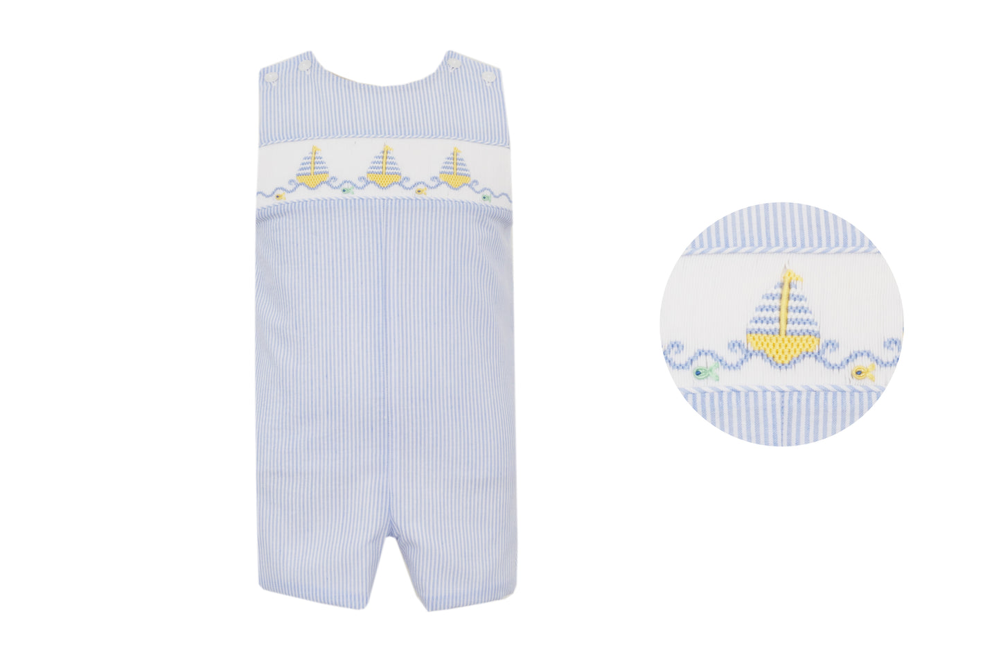 Anavini Boys Blue Seersucker Striped Jon Jon - Smocked Sailboats