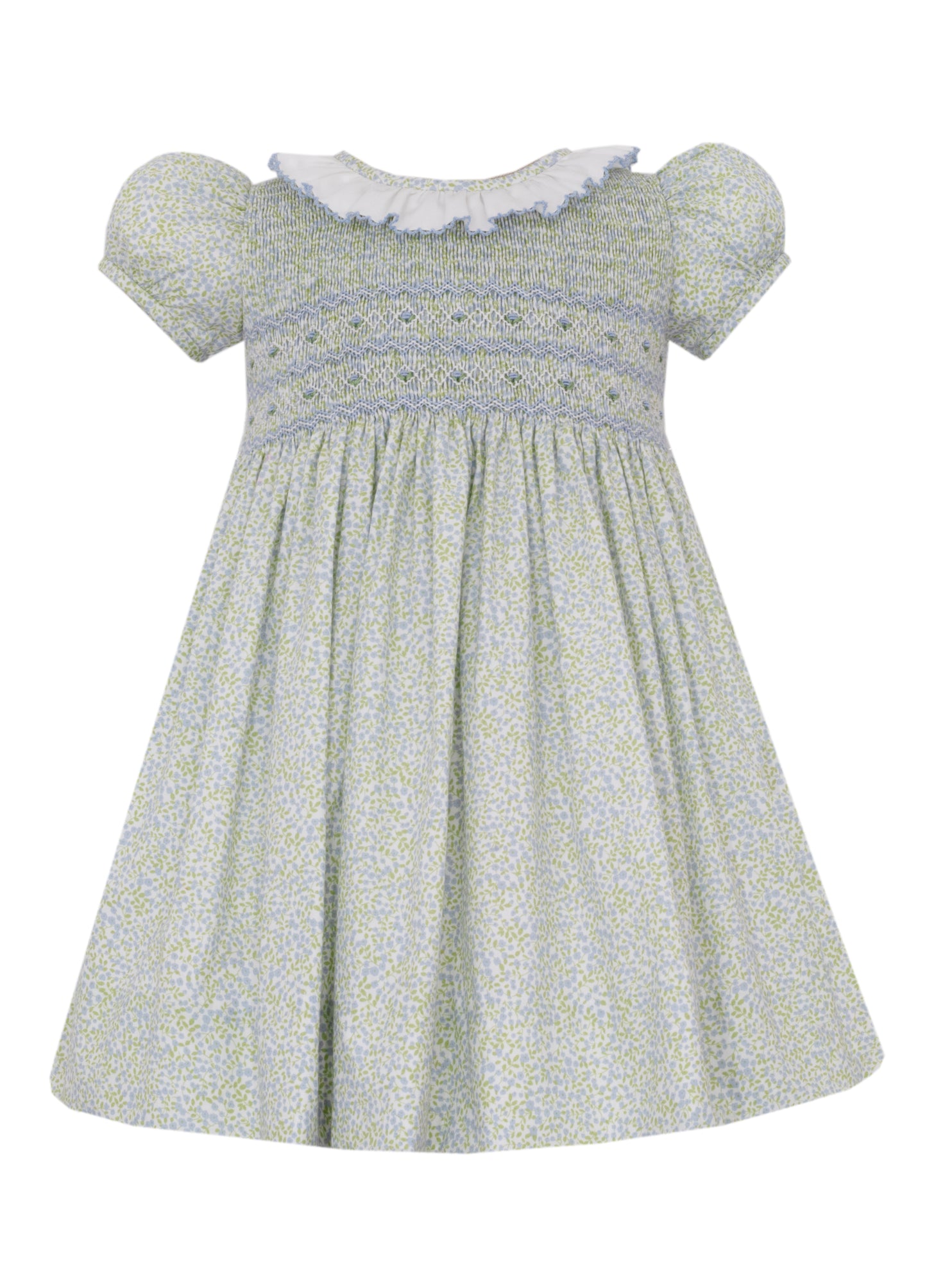 Anavini Girls French Blue Tiny Floral Dress with White Ruffle by Anavini