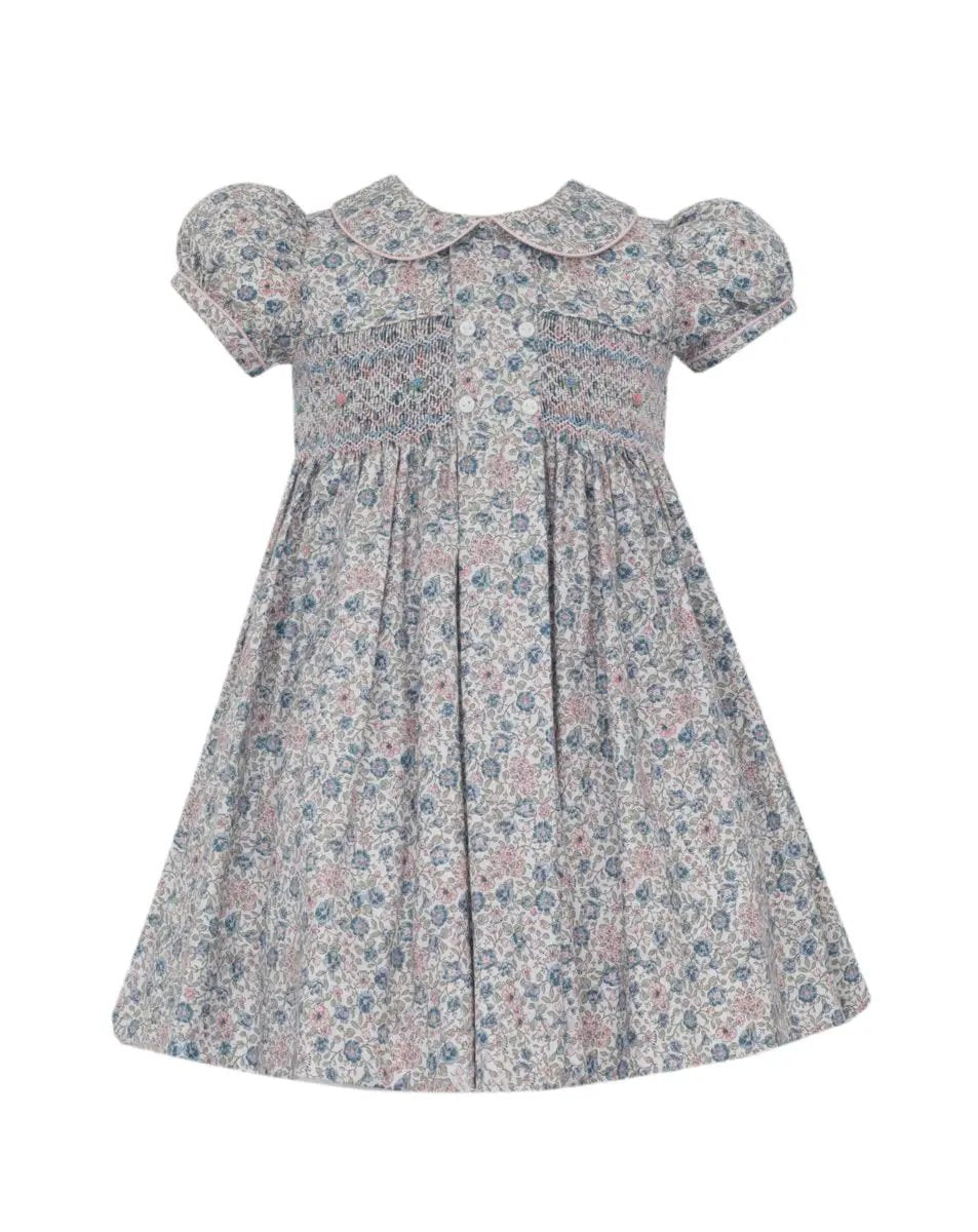 Anavini Girls Pink & Blue Floral Smocked Dress with Buttons by Anavini