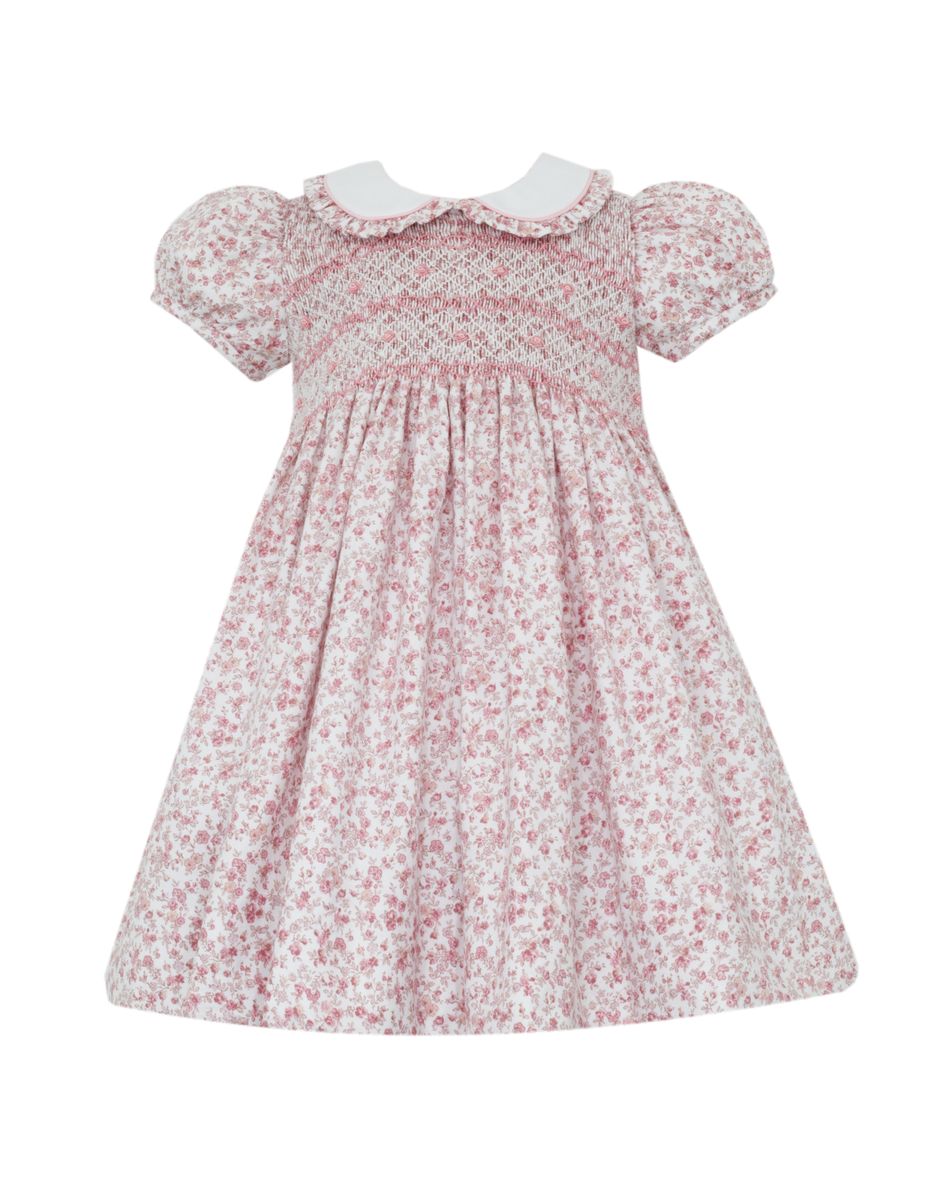 Anavini Girls Pink Roses Liberty Floral Dress - Ruffle Collar - Smocked Bodice