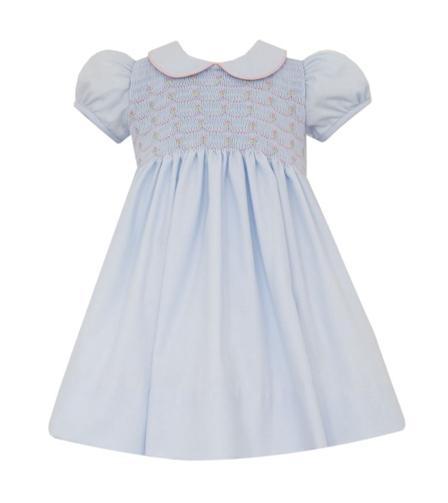 Anavini Girls Light Blue Smocked Dress with Collar