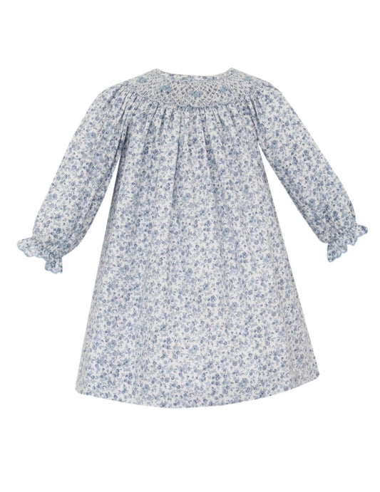 Anavini Girls Blue Liberty Floral Smocked Dress - Long Sleeves - Bishop