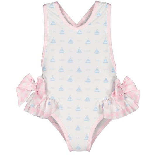 Sal & Pimenta Girls Swimsuit - Blue Sailboats with Pink Bows at Hips