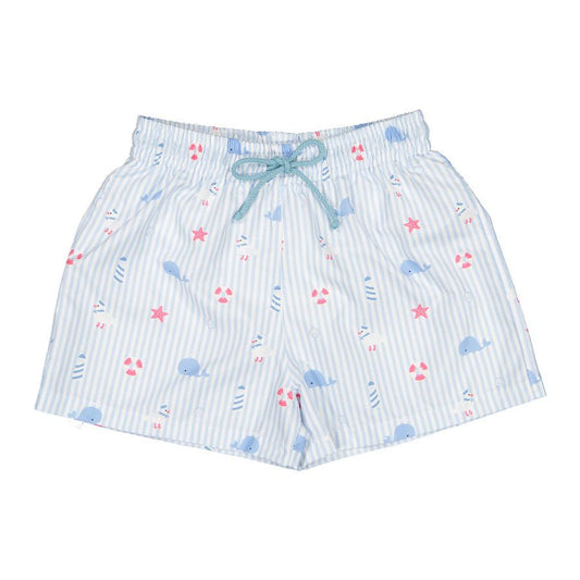 Sal & Pimenta Boys Blue Stripe Nautical Print Swim Trunks