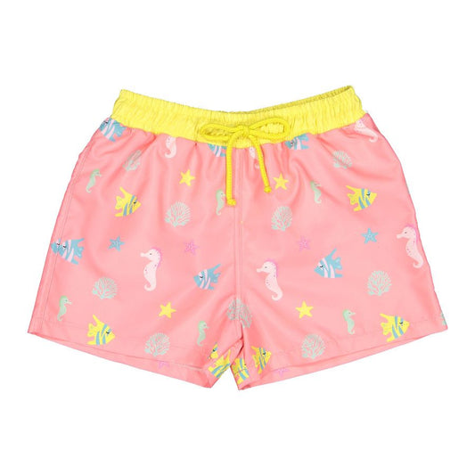 Sal & Pimenta Boys Coral Tropical Print Swim Trunks - Yellow Trim by Sal & Pimenta