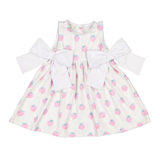 Sal & Pimenta Girls Pink Classic Strawberry Dress - White Side Bows by Sal & Pimenta