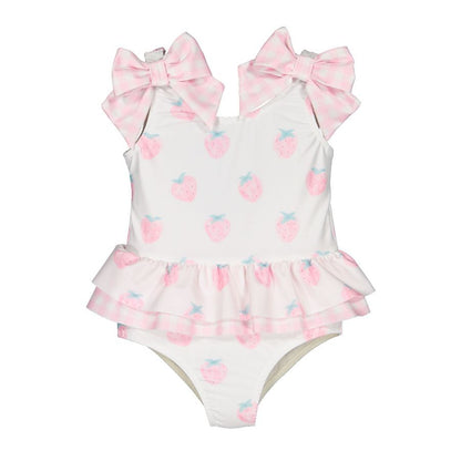 Sal & Pimenta Girls Pink Strawberries Swimsuit - Check Bows at Shoulders & Back