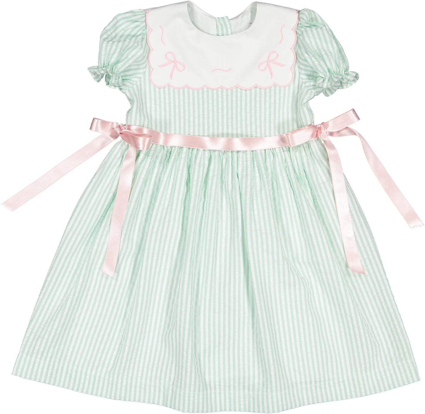Sal & Pimenta Girls Mint Green Seersucker Dress - Embroidered Bows Collar - Pink Side Bows