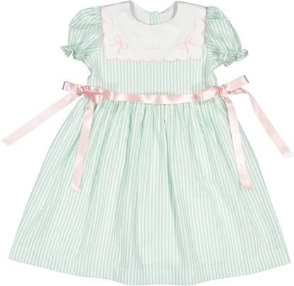 Sal & Pimenta Girls Mint Green Seersucker Dress - Embroidered Bows Collar - Pink Side Bows