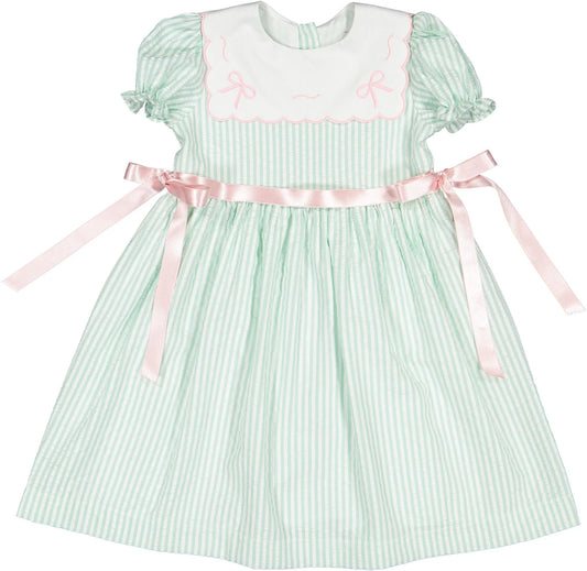 Sal & Pimenta Girls Mint Green Seersucker Dress - Embroidered Bows Collar - Pink Side Bows by Sal & Pimenta