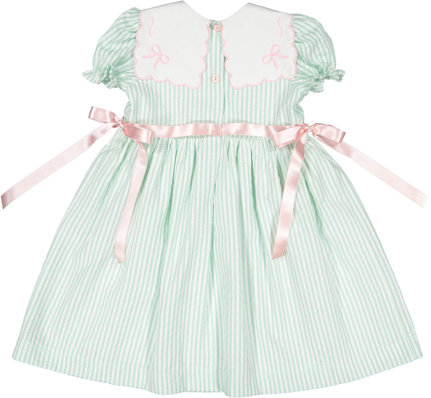 Sal & Pimenta Girls Mint Green Seersucker Dress - Embroidered Bows Collar - Pink Side Bows