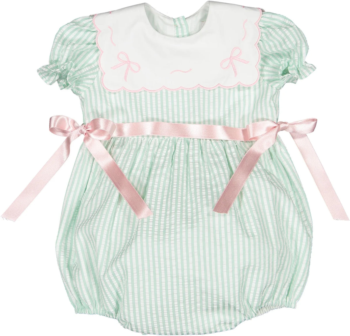 Sal & Pimenta Baby Girls Mint Striped Bubble - Embroidery Bows on Collar - Pink Side Bows by Sal & Pimenta
