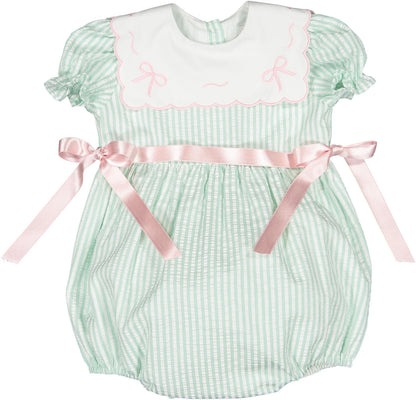 Sal & Pimenta Baby Girls Mint Striped Bubble - Embroidery Bows on Collar - Pink Side Bows by Sal & Pimenta
