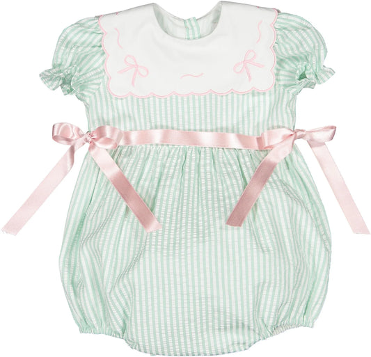 Sal & Pimenta Baby Girls Mint Striped Bubble - Embroidery Bows on Collar - Pink Side Bows