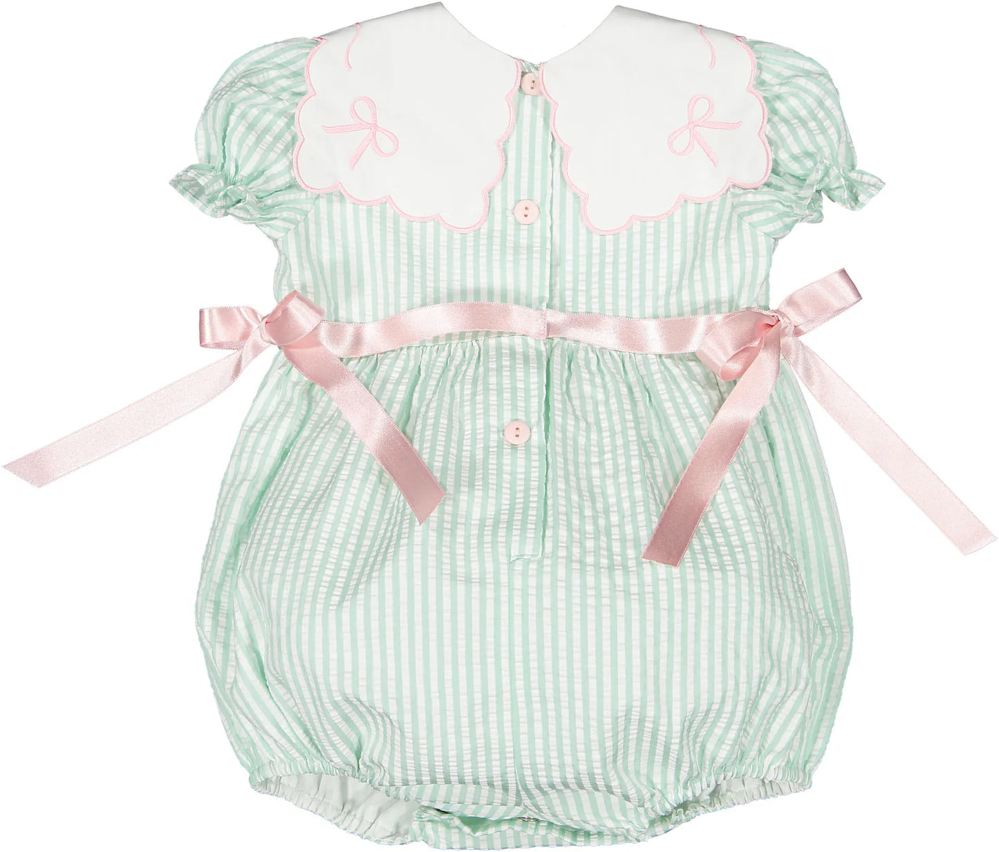Sal & Pimenta Baby Girls Mint Striped Bubble - Embroidery Bows on Collar - Pink Side Bows