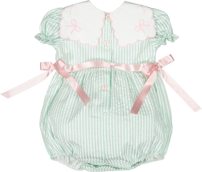 Sal & Pimenta Baby Girls Mint Striped Bubble - Embroidery Bows on Collar - Pink Side Bows by Sal & Pimenta