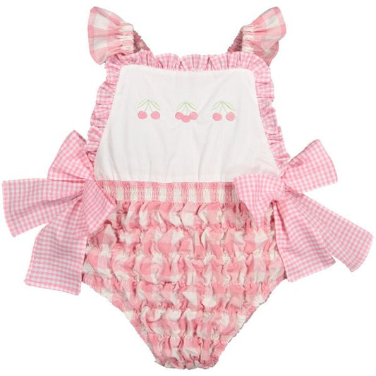 Sal & Pimenta Girls Pink Check Cherries Picnic Frilled Swimsuit - Bows on Hips by Sal & Pimenta