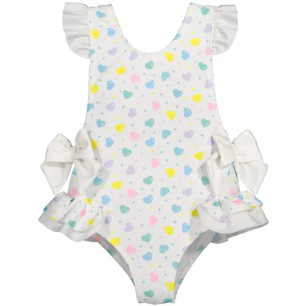 Sal & Pimenta Girls Multi Color Pastel Hearts Swimsuit - Bows at Hips