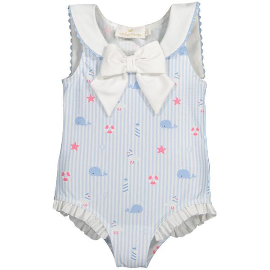 Sal & Pimenta Girls Girls Blue Stripe Nautical Print Swimsuit - Sailor Collar
