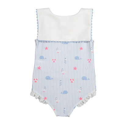 Sal & Pimenta Girls Girls Blue Stripe Nautical Print Swimsuit - Sailor Collar