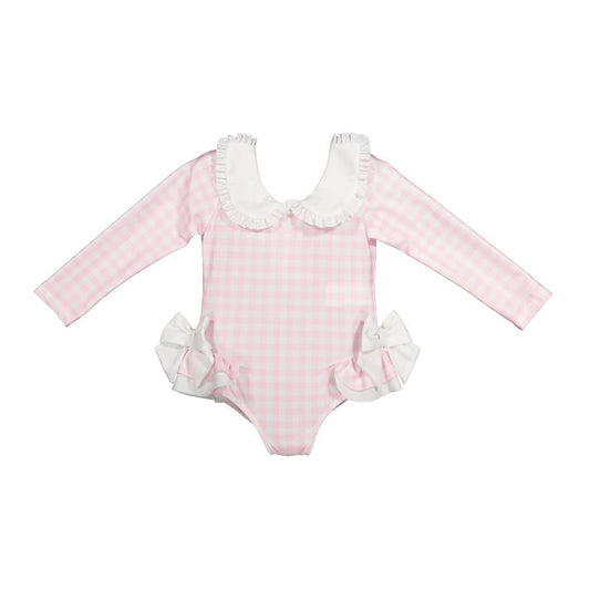 Sal & Pimenta Girls Long Sleeve Rash Guard Swimsuit - Pink Gingham by Sal & Pimenta