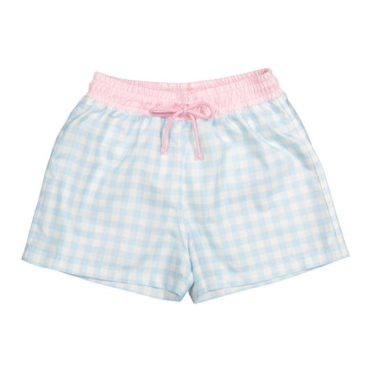 Sal & Pimenta Boys Swim Trunks - Blue Gingham Checks - Pink Trim & Pocket by Sal & Pimenta