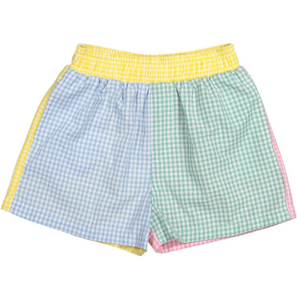 Sal & Pimenta Boys Pull On Shorts - Pastel Rainbow Gingham Color Block