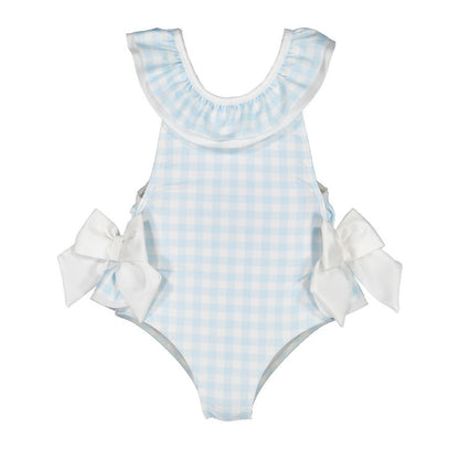 Sal & Pimenta Girls Gingham Swimsuit - Bows on Hips - Blue