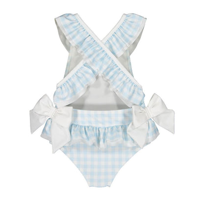 Sal & Pimenta Girls Gingham Swimsuit - Bows on Hips - Blue