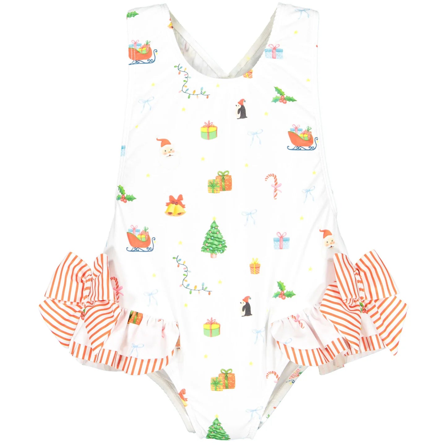 Sal & Pimenta Girls Swimsuit - Bows at Hips - White Christmas Mix Print