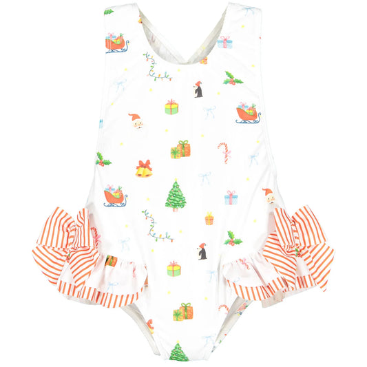 Sal & Pimenta Girls Swimsuit - Bows at Hips - White Christmas Mix Print by Sal & Pimenta
