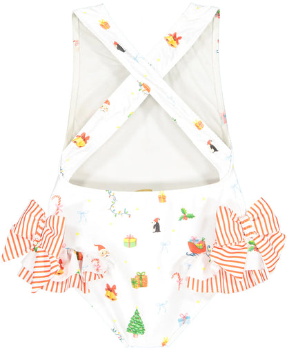 Sal & Pimenta Girls Swimsuit - Bows at Hips - White Christmas Mix Print by Sal & Pimenta