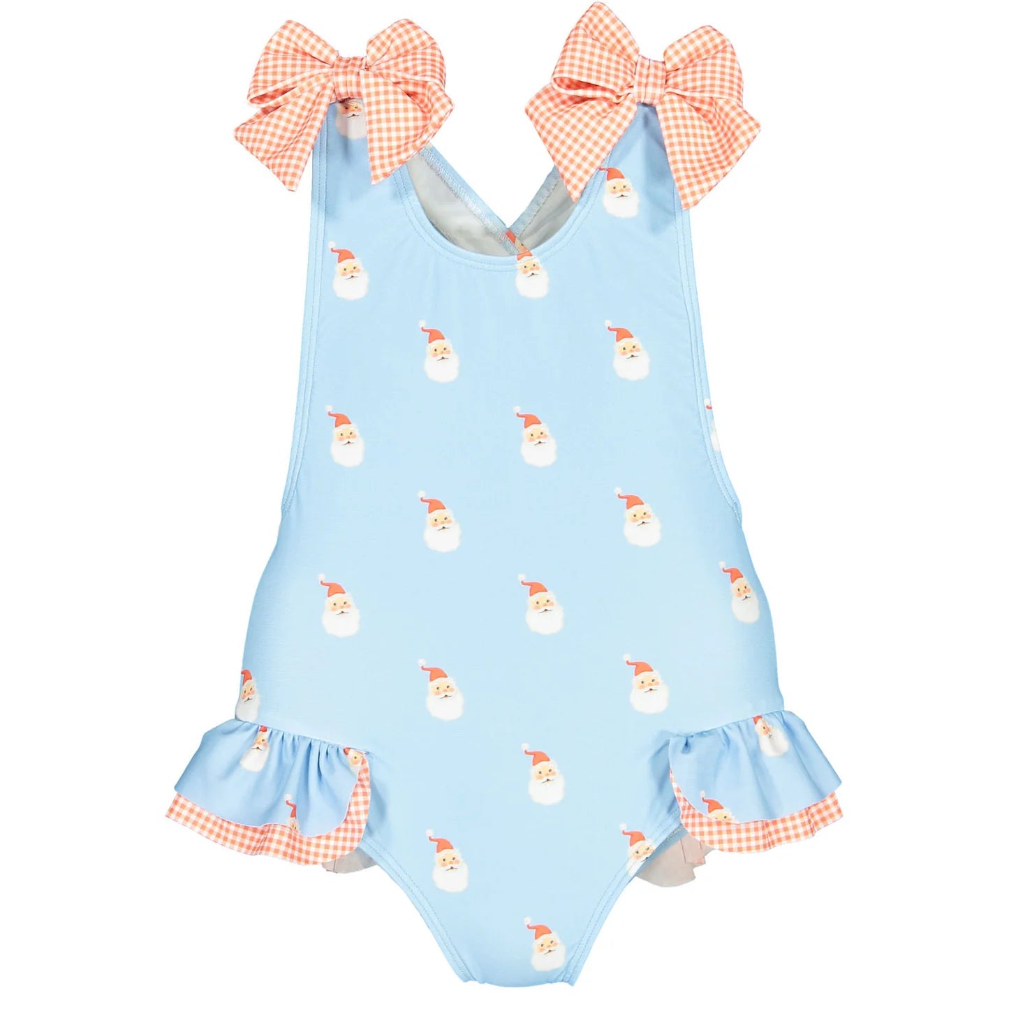 Sal & Pimenta Girls Swimsuit - Bows on Shoulders - Blue Santa Claus Tell Me Print
